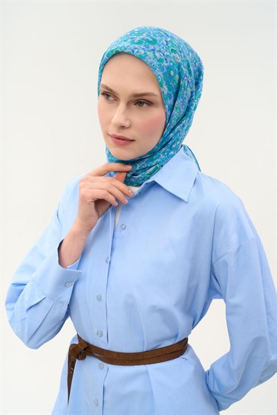 Tencel Monare Eşarp Saray Baharı Desen Mavi 90X90