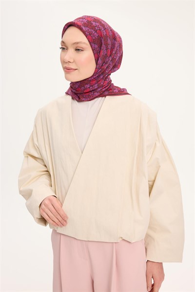 Tencel Monare Eşarp Bahar Desen Kırmızı Mor 90X90
