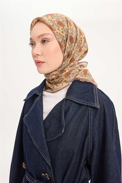 Tencel Monare Eşarp Bahar Desen Kahverengi 90X90