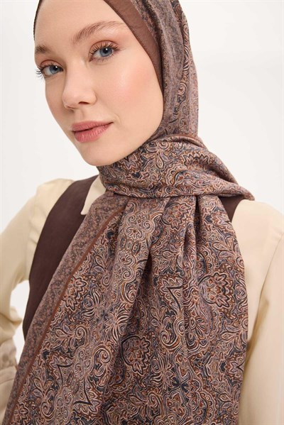 Tencel Monare Şal Kahverengi Etnik Desen 75x195