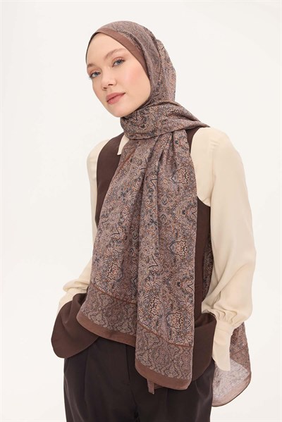 Tencel Monare Şal Kahverengi Etnik Desen 75x195