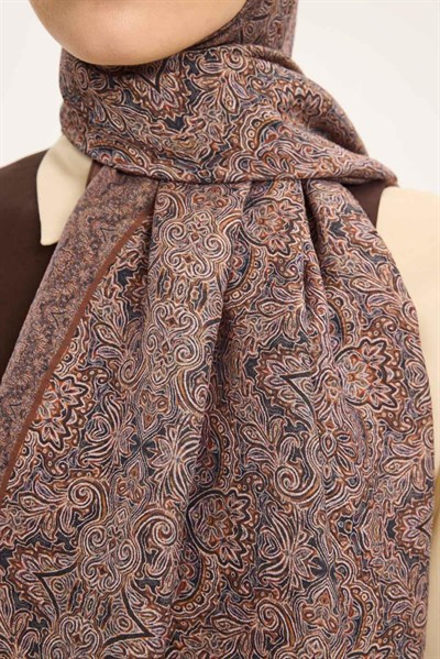 Tencel Monare Şal Kahverengi Etnik Desen 75x195