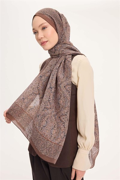 Tencel Monare Şal Kahverengi Etnik Desen 75x195