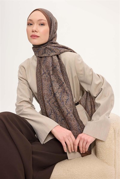 Tencel Monare Şal Çikolata Kahve Etnik Desen 75x195