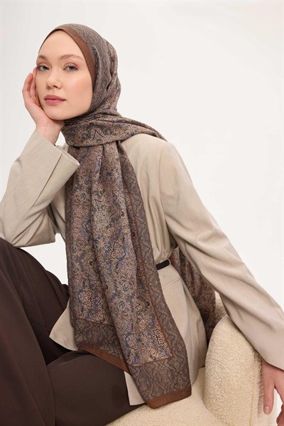 Tencel Monare Şal Çikolata Kahve Etnik Desen 75x195