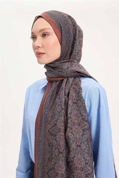 Tencel Monare Şal Kiremit Etnik Desen 75x195
