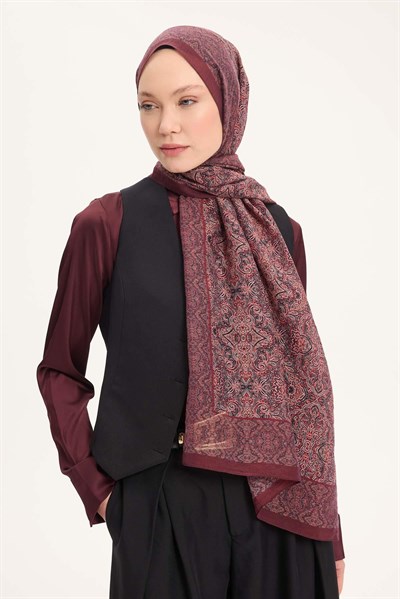 Tencel Monare Şal Bordo Etnik Desen 75x195