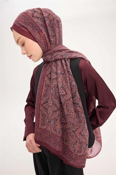 Tencel Monare Şal Bordo Etnik Desen 75x195