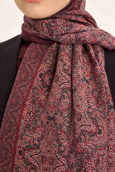 Tencel Monare Şal Bordo Etnik Desen 75x195