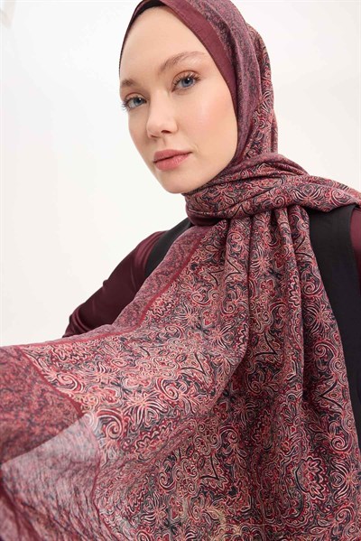Tencel Monare Şal Bordo Etnik Desen 75x195
