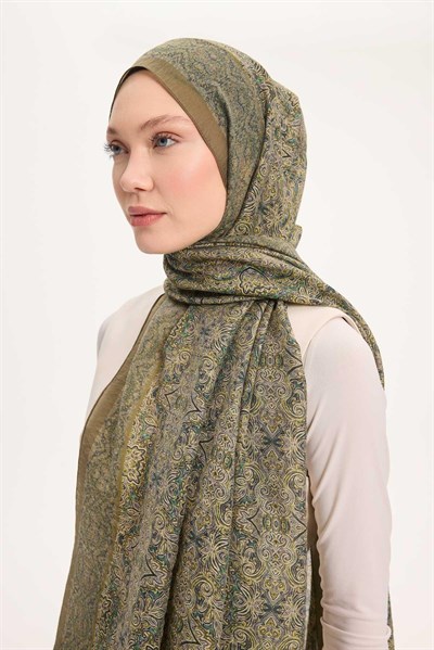 Tencel Monare Şal Yağ Yeşili Etnik Desen 75x195