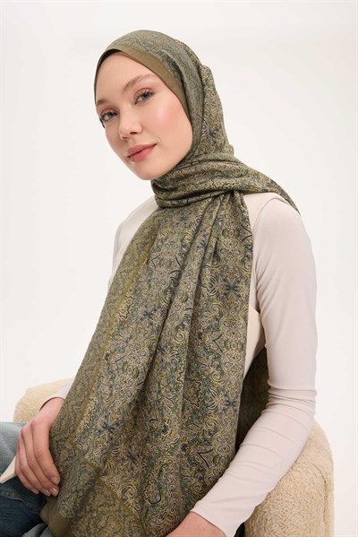 Tencel Monare Şal Yağ Yeşili Etnik Desen 75x195