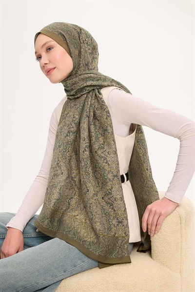 Tencel Monare Şal Yağ Yeşili Etnik Desen 75x195