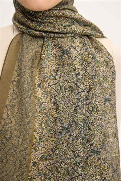 Tencel Monare Şal Yağ Yeşili Etnik Desen 75x195