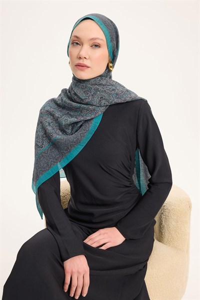 Tencel Monare Şal Petrol Mavi Etnik Desen 75x195