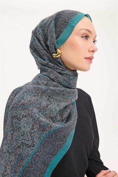 Tencel Monare Şal Petrol Mavi Etnik Desen 75x195