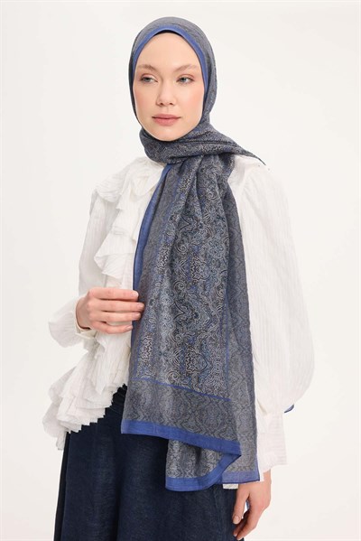 Tencel Monare Şal Koyu Mavi Etnik Desen 75x195