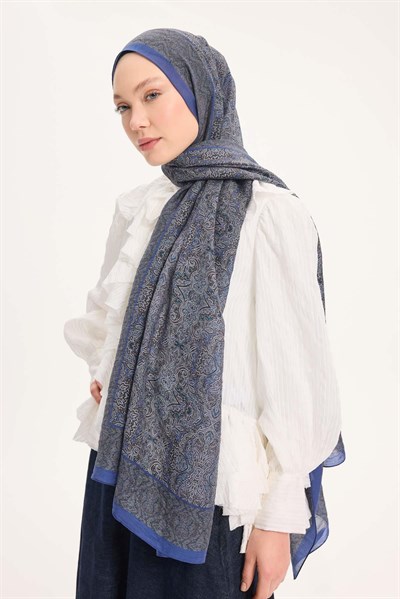 Tencel Monare Şal Koyu Mavi Etnik Desen 75x195