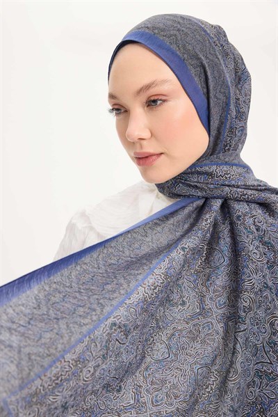 Tencel Monare Şal Koyu Mavi Etnik Desen 75x195