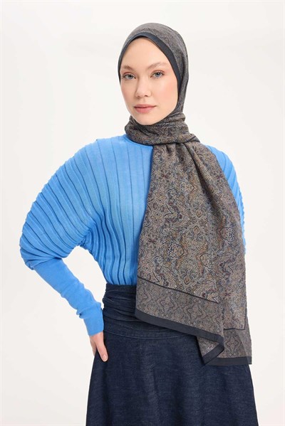 Tencel Monare Şal Koyu Antrasit Etnik Desen 75x195