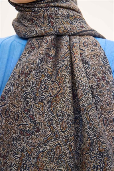 Tencel Monare Şal Koyu Antrasit Etnik Desen 75x195