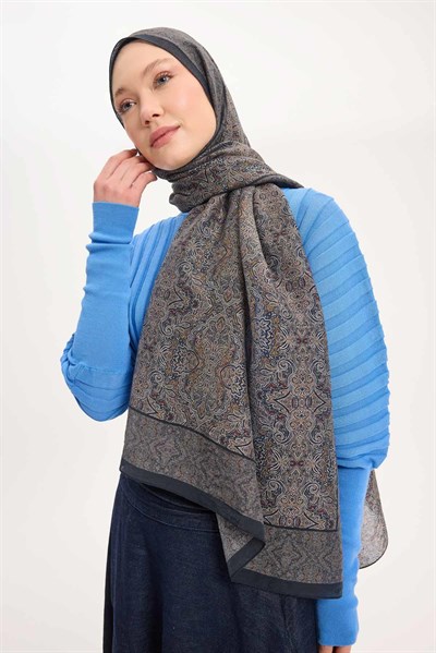 Tencel Monare Şal Koyu Antrasit Etnik Desen 75x195