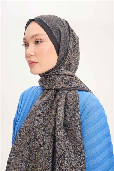 Tencel Monare Şal Koyu Antrasit Etnik Desen 75x195