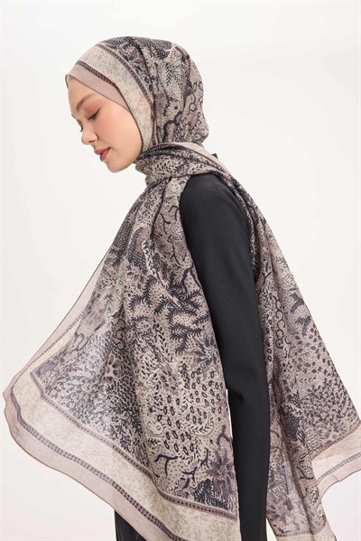Tencel Monare Şal Vizon Vintage Botanik Desen 75x195