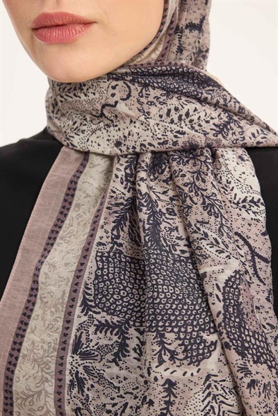 Tencel Monare Şal Vizon Vintage Botanik Desen 75x195