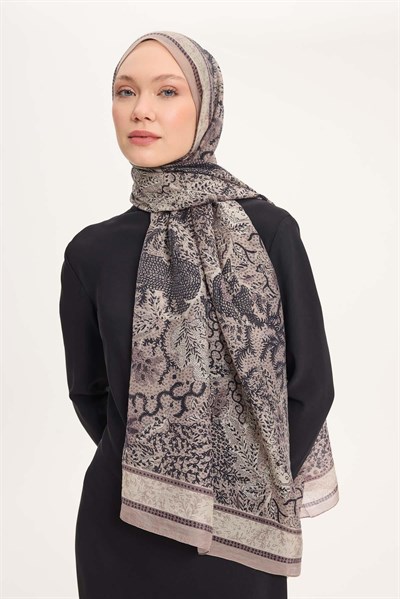 Tencel Monare Şal Vizon Vintage Botanik Desen 75x195