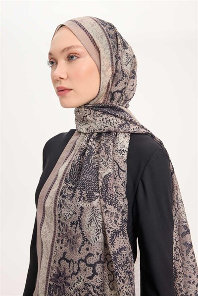 Tencel Monare Şal Vizon Vintage Botanik Desen 75x195