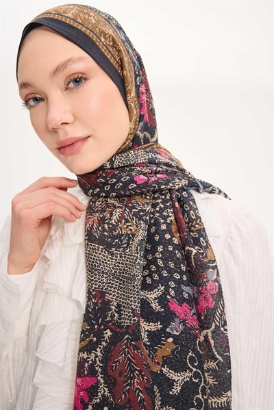 Tencel Monare Şal Koyu Lacivert Vintage Botanik Desen 75x195