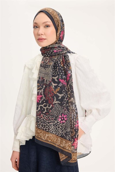 Tencel Monare Şal Koyu Lacivert Vintage Botanik Desen 75x195