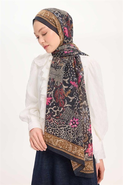 Tencel Monare Şal Koyu Lacivert Vintage Botanik Desen 75x195