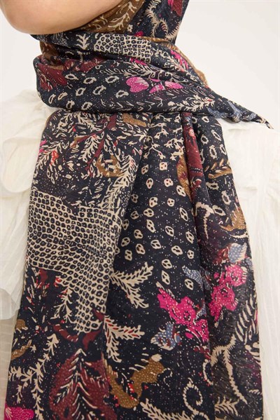 Tencel Monare Şal Koyu Lacivert Vintage Botanik Desen 75x195