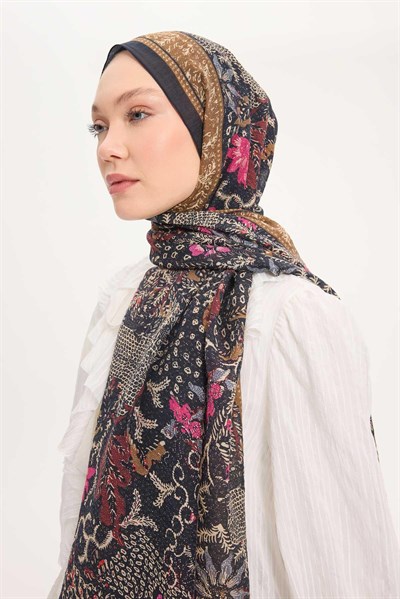 Tencel Monare Şal Koyu Lacivert Vintage Botanik Desen 75x195