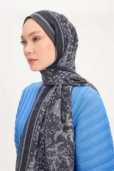 Tencel Monare Şal Antrasit Vintage Botanik Desen 75x195