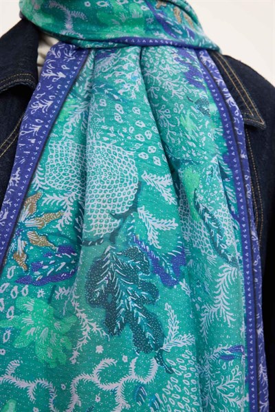 Tencel Monare Şal Turkuaz Vintage Botanik Desen 75x195