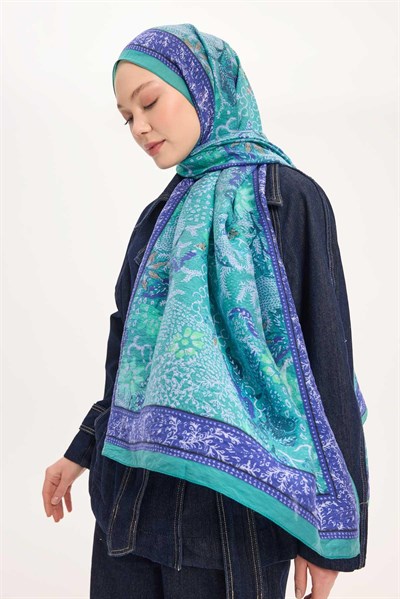 Tencel Monare Şal Turkuaz Vintage Botanik Desen 75x195