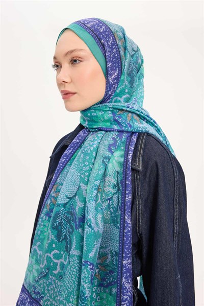 Tencel Monare Şal Turkuaz Vintage Botanik Desen 75x195