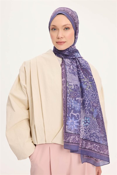 Tencel Monare Şal Eflatun Vintage Botanik Desen 75x195