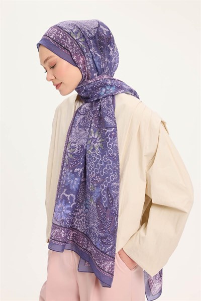 Tencel Monare Şal Eflatun Vintage Botanik Desen 75x195