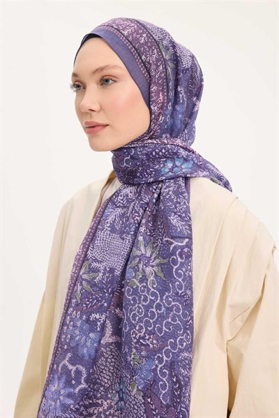 Tencel Monare Şal Eflatun Vintage Botanik Desen 75x195