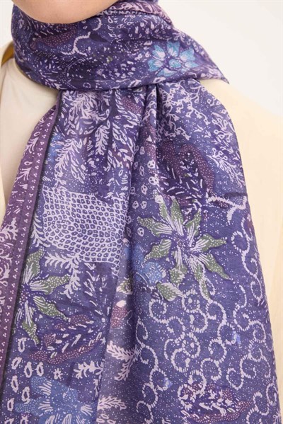 Tencel Monare Şal Eflatun Vintage Botanik Desen 75x195