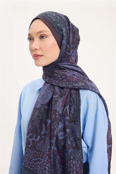 Tencel Monare Şal Mürdüm Kahve Vintage Botanik Desen 75x195