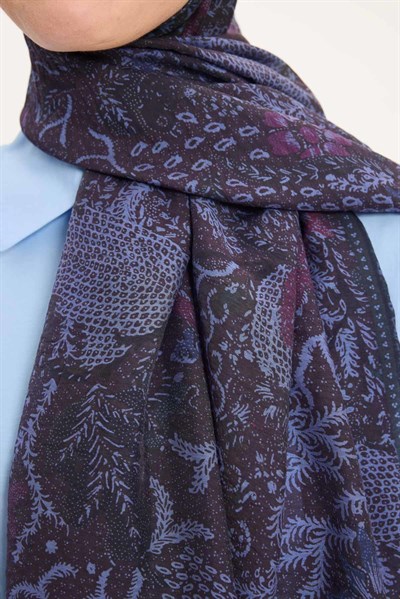 Tencel Monare Şal Mürdüm Kahve Vintage Botanik Desen 75x195