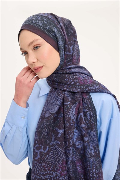 Tencel Monare Şal Mürdüm Kahve Vintage Botanik Desen 75x195