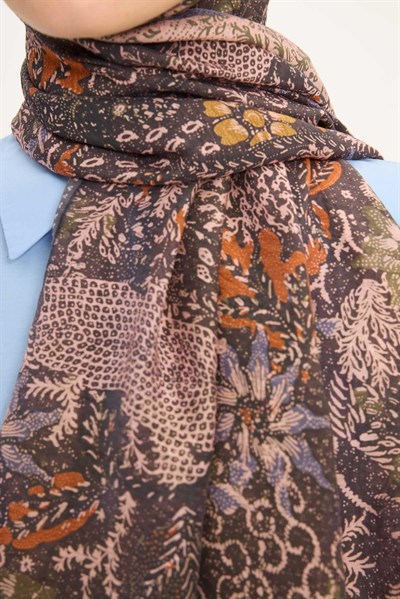 Tencel Monare Şal Füme Vintage Botanik Desen 75x195