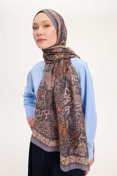 Tencel Monare Şal Füme Vintage Botanik Desen 75x195