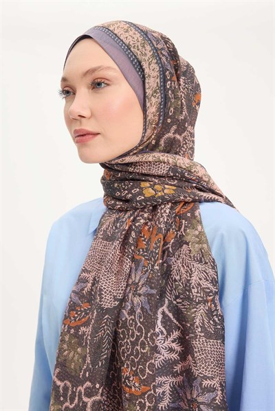 Tencel Monare Şal Füme Vintage Botanik Desen 75x195